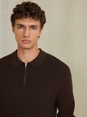 Brown Smart Textured Quarter Zip Knitted Polo Shirt - Image 6 of 9