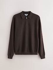 Brown Smart Textured Quarter Zip Knitted Polo Shirt - Image 7 of 9