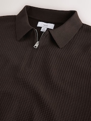 Brown Smart Textured Quarter Zip Knitted Polo Shirt - Image 8 of 9