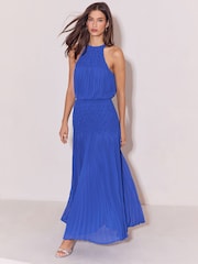 Cobalt Blue Textured Smock Pleated Skirt Fit And Flare Maxi Dress - Image 1 of 5