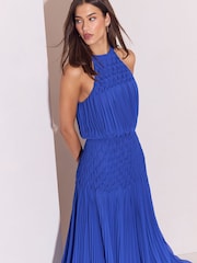 Cobalt Blue Textured Smock Pleated Skirt Fit And Flare Maxi Dress - Image 2 of 5