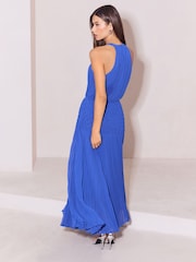 Cobalt Blue Textured Smock Pleated Skirt Fit And Flare Maxi Dress - Image 4 of 5