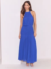 Cobalt Blue Textured Smock Pleated Skirt Fit And Flare Maxi Dress - Image 5 of 5