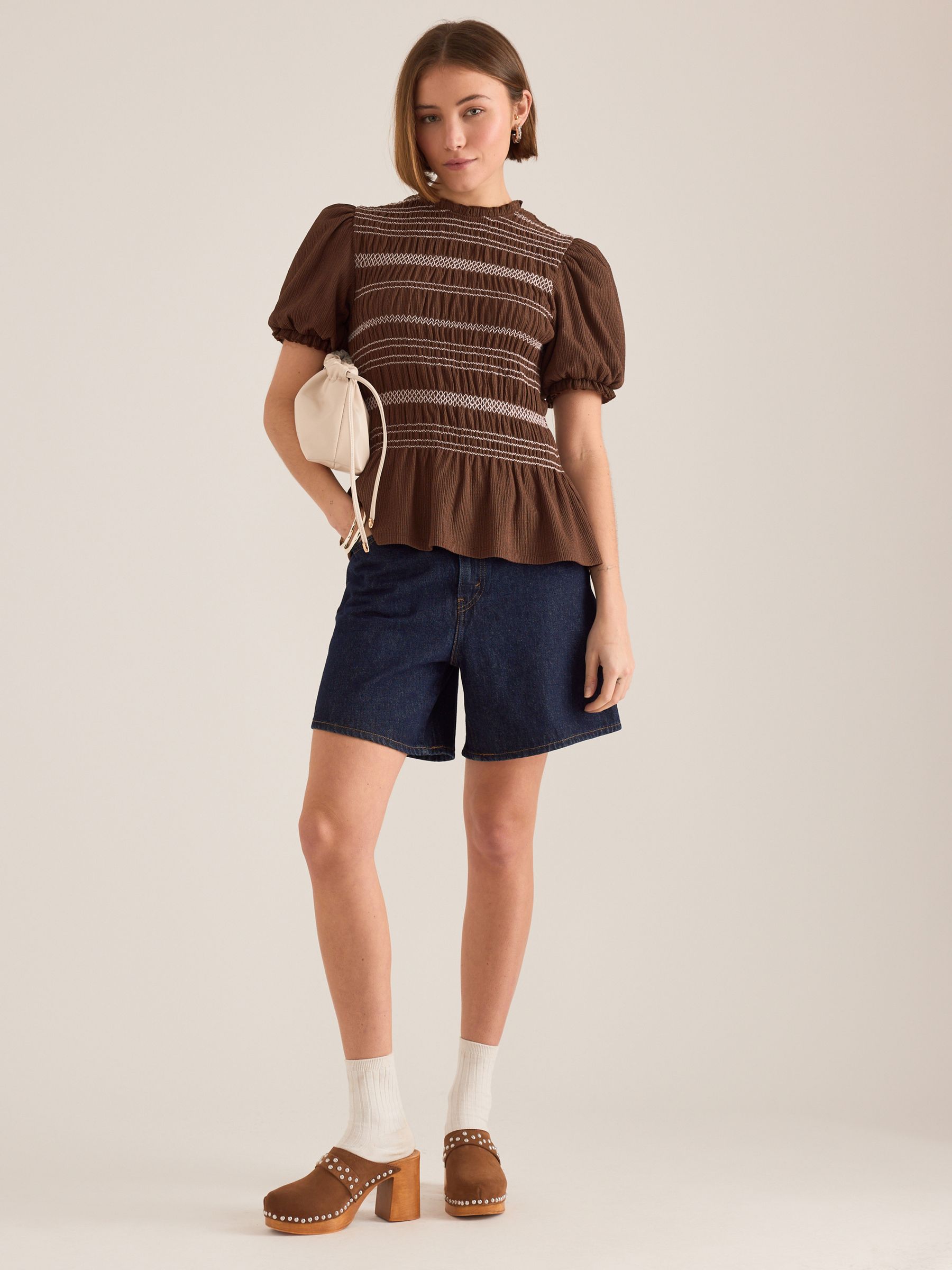 Buy Anthropologie Brown Contrast Stitch Smocked Fitted Short Puff
