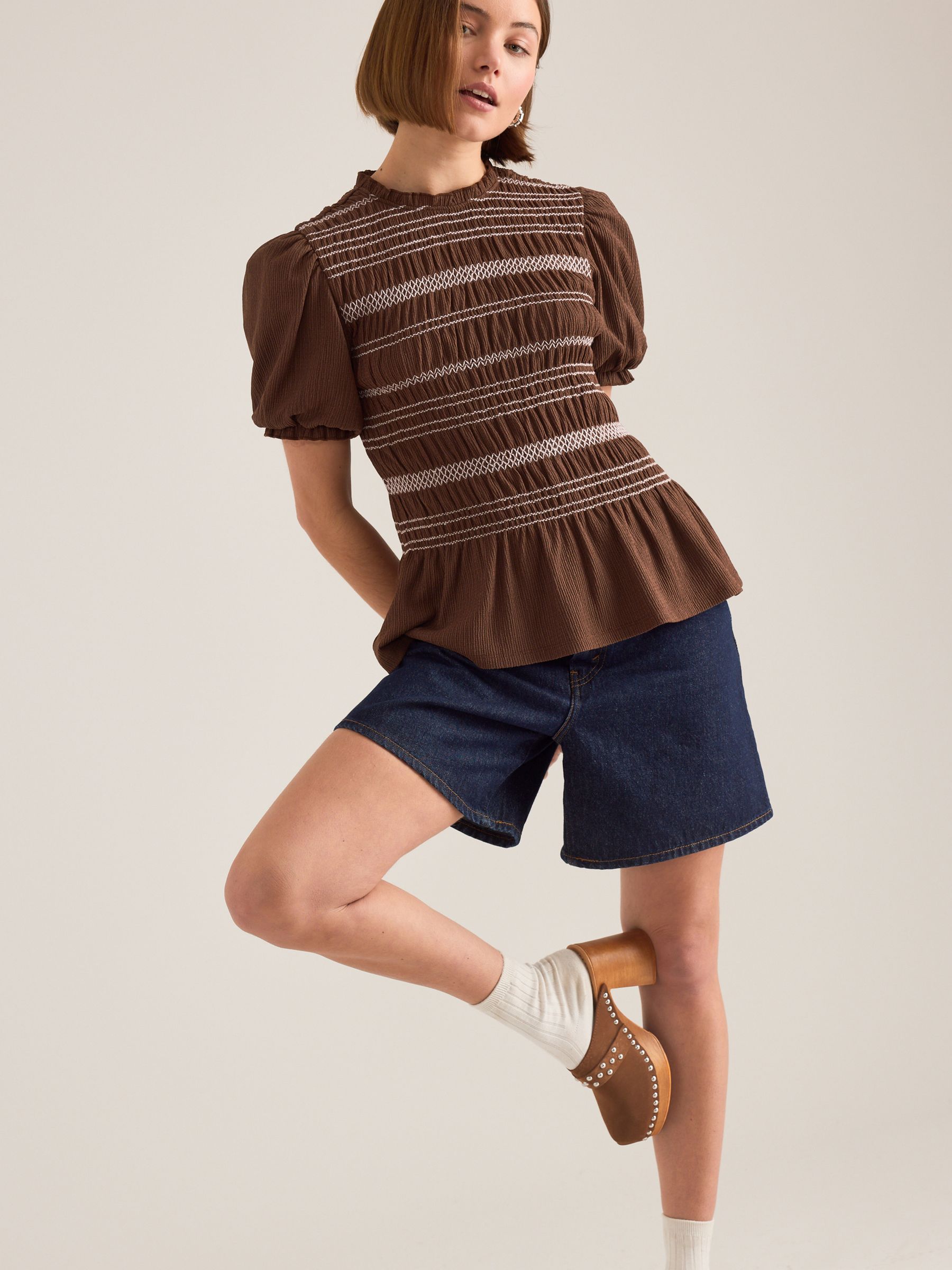 Buy Anthropologie Brown Contrast Stitch Smocked Fitted Short Puff