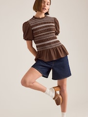 Καφετί - Anthropologie Contrast Stitch Smocked Top - Εικόνα 2 από 4