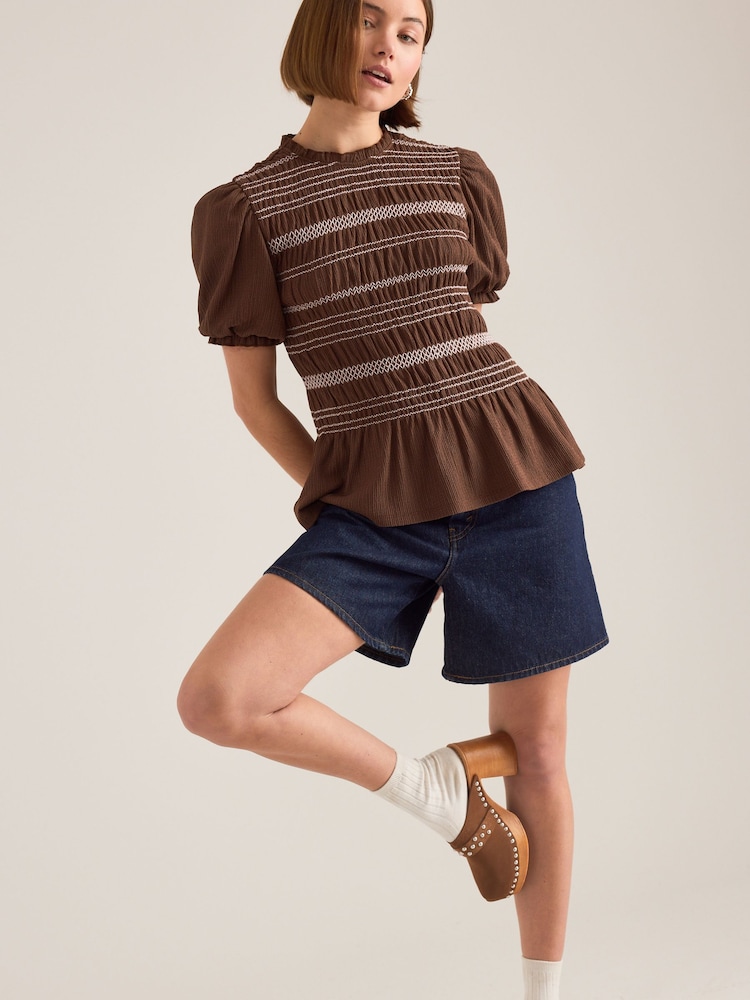 Καφετί - Anthropologie Contrast Stitch Smocked Top - Εικόνα 2 από 4