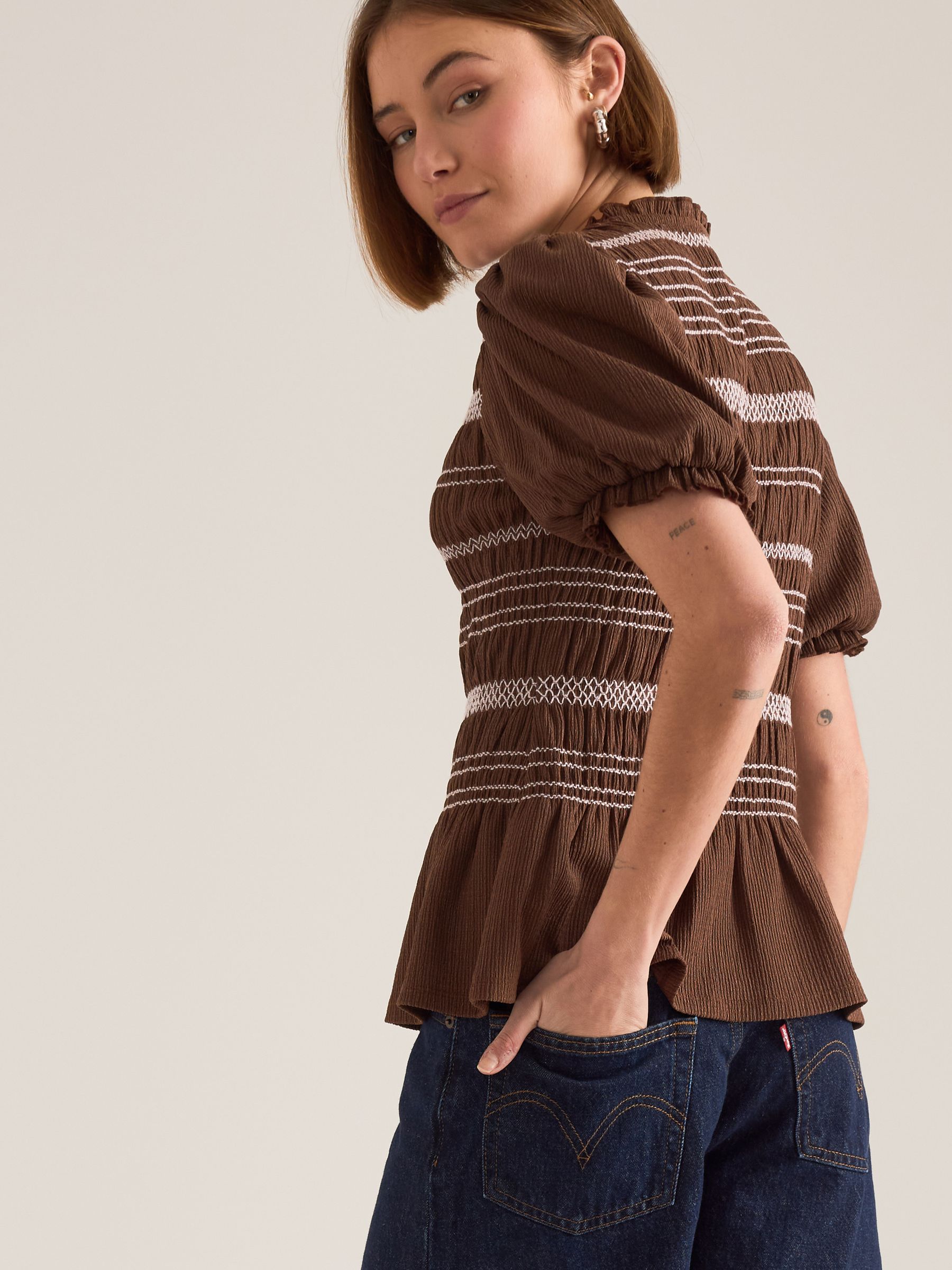 Buy Anthropologie Brown Contrast Stitch Smocked Fitted Short Puff