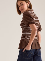 Καφετί - Anthropologie Contrast Stitch Smocked Top - Εικόνα 4 από 4