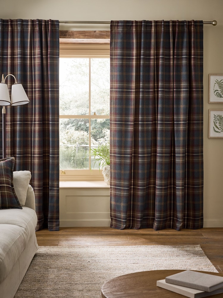 Brown/Burgundy Heritage Brushed Check Hidden Tab Top Lined Curtains - Image 2 of 5