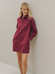 Burgundy Red Long Sleeve Mini Twill Dress - Image 1 of 10