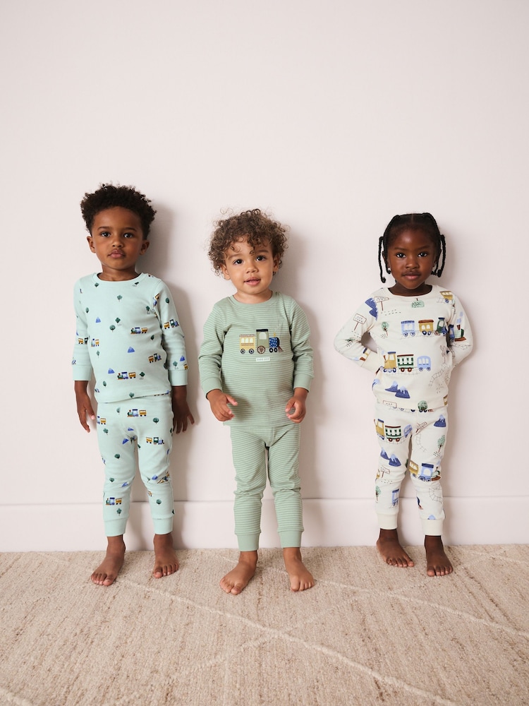 Green/Ecru Train Mini Print Snuggle Pyjamas 3 Pack (9mths-10yrs) - Image 1 of 11
