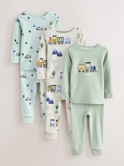 Green/Ecru Train Mini Print Snuggle Pyjamas 3 Pack (9mths-10yrs) - Image 5 of 11