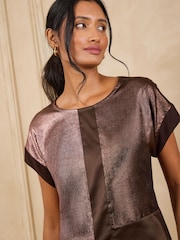 Love & Roses Chocolate Brown Hammered Satin Colourblock Crew Neck T-Shirt - Image 2 of 4