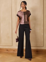 Love & Roses Chocolate Brown Hammered Satin Colourblock Crew Neck T-Shirt - Image 3 of 4