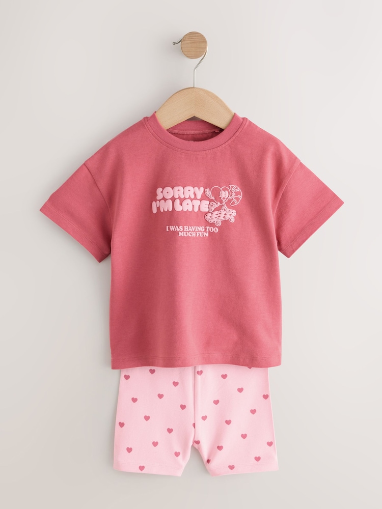 Pink Heart Short Sleeve T-Shirt and Cycle Shorts Set (3mths-7yrs) - Image 1 of 5 Pink Heart Short Sleeve T-Shirt and Cycle Shorts Set (3mths-7yrs) - Image 1 of 5