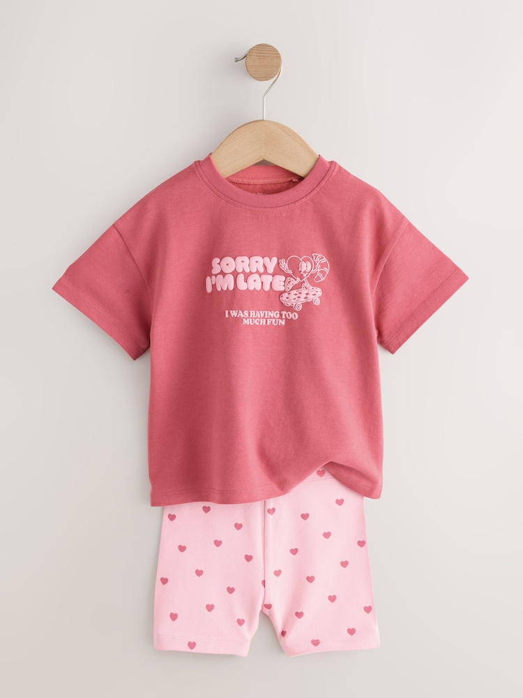 Pink Heart Short Sleeve T-Shirt and Cycle Shorts Set (3mths-7yrs) - Image 2 of 5 Pink Heart Short Sleeve T-Shirt and Cycle Shorts Set (3mths-7yrs) - Image 2 of 5
