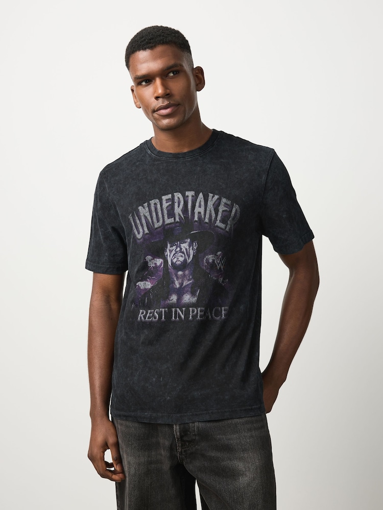 Black Washed Undertaker WWE License Graphic Relaxed Fit T-Shirt - Image 1 of 7