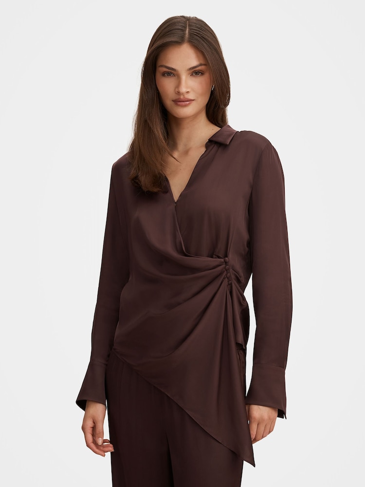 Forever New Brown Maude Asymmetrical Drape Shirt - Image 1 of 5