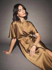Bronze Satin Short Sleeve Twist Front Midi Dress - Image 1 of 7