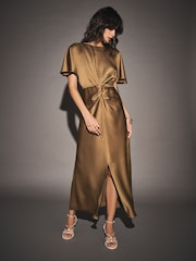Bronze Satin Short Sleeve Twist Front Midi Dress - Image 2 of 7