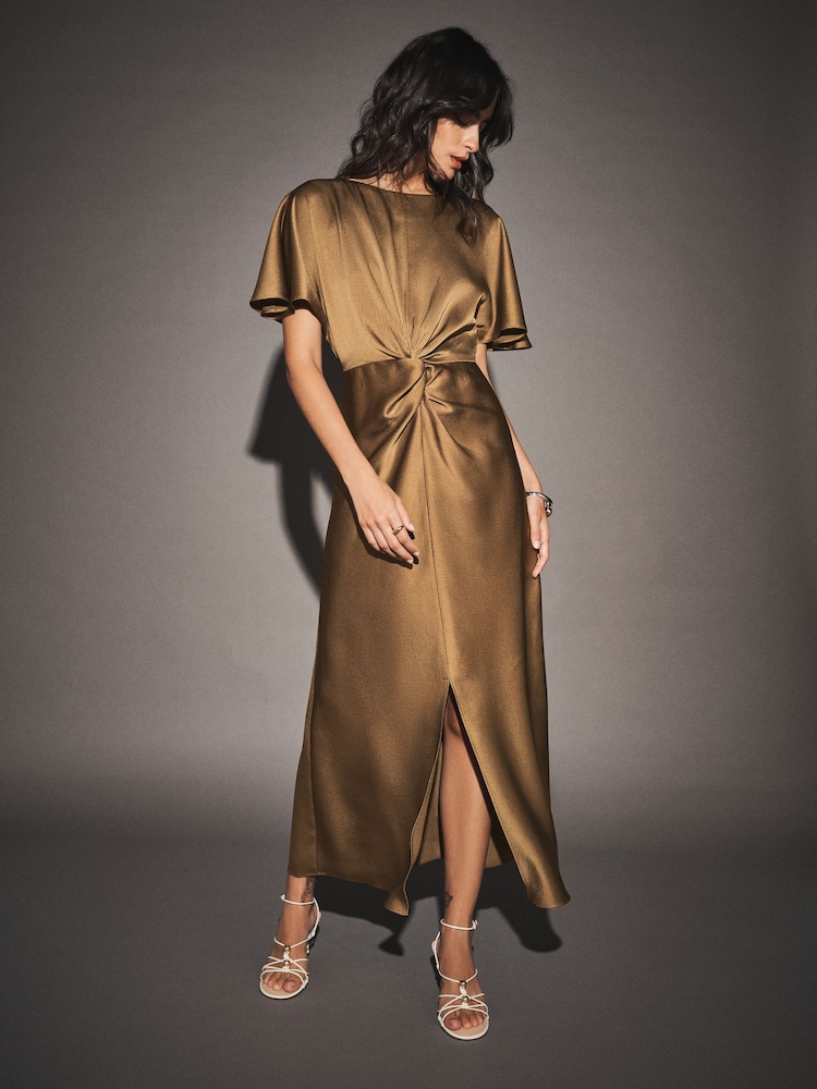 Bronze Satin Short Sleeve Twist Front Midi Dress - Image 2 of 7