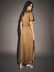 Bronze Satin Short Sleeve Twist Front Midi Dress - Image 3 of 7