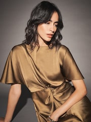 Bronze Satin Short Sleeve Twist Front Midi Dress - Image 4 of 7