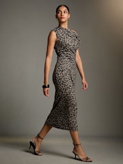 Animal Off Shoulder Draped Ruched Occasion Midi Dress - Image 1 of 5