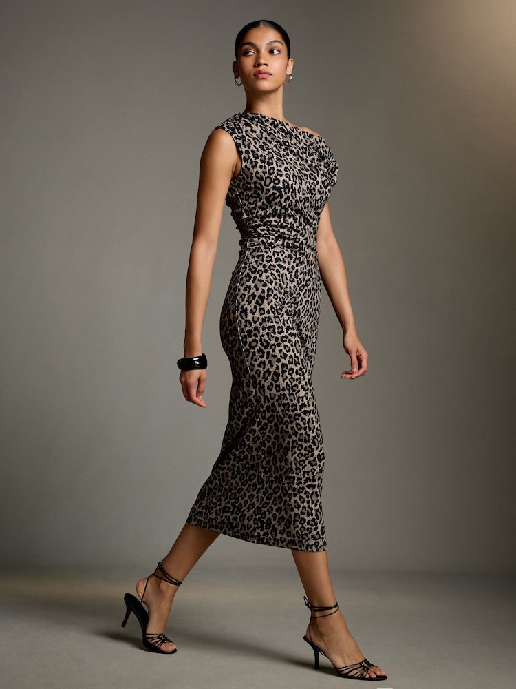 Animal Off Shoulder Draped Ruched Occasion Midi Dress - Image 1 of 5
