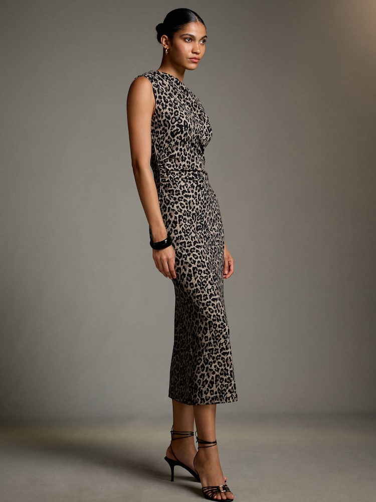 Animal Off Shoulder Draped Ruched Occasion Midi Dress - Image 2 of 5