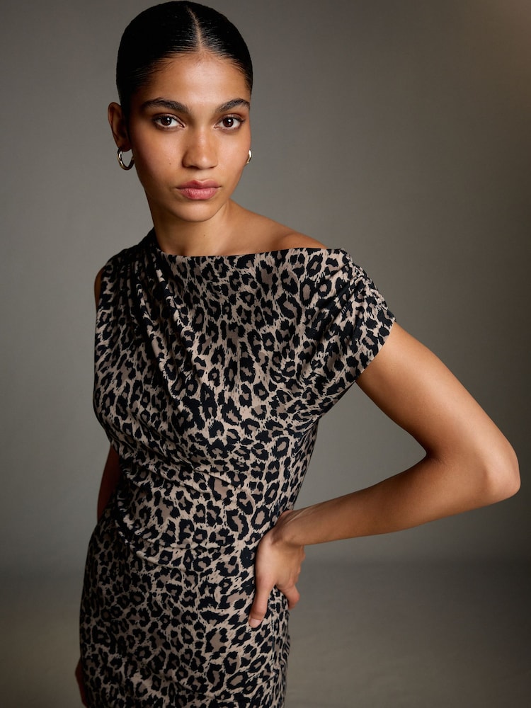 Animal Off Shoulder Draped Ruched Occasion Midi Dress - Image 5 of 5