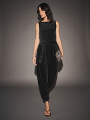 Black Sleeveless Barrel Leg Velvet Jumpsuit - Image 1 of 8