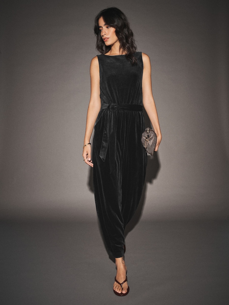 Black Sleeveless Barrel Leg Velvet Jumpsuit - Image 1 of 8 Black Sleeveless Barrel Leg Velvet Jumpsuit - Image 1 of 8