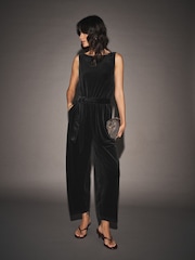 Black Sleeveless Barrel Leg Velvet Jumpsuit - Image 2 of 8