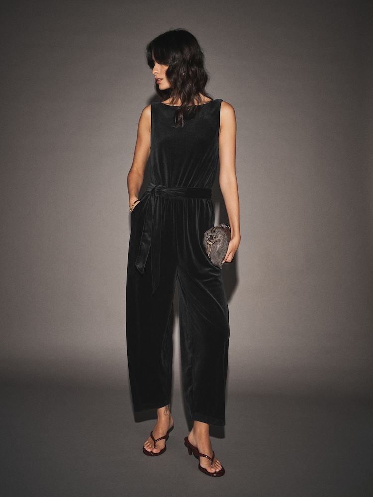 Black Sleeveless Barrel Leg Velvet Jumpsuit - Image 2 of 8 Black Sleeveless Barrel Leg Velvet Jumpsuit - Image 2 of 8