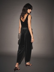 Black Sleeveless Barrel Leg Velvet Jumpsuit - Image 3 of 8
