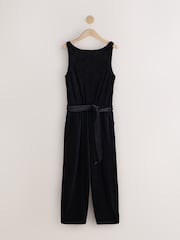 Black Sleeveless Barrel Leg Velvet Jumpsuit - Image 6 of 8
