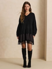 黑色 - Long Sleeve Knit Satin Lace Trim 2 in 1 Mini Dress - 圖片 2，共 7
