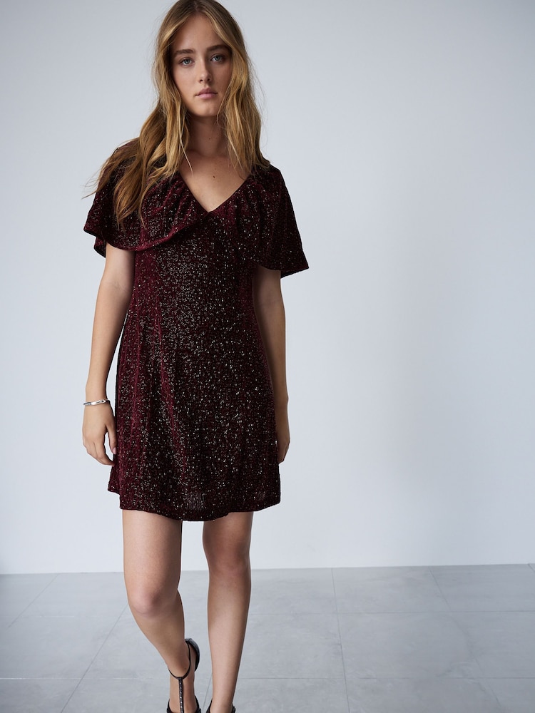 Red Sequin Cape V-Neck Mini Dress - Image 1 of 7 Red Sequin Cape V-Neck Mini Dress - Image 1 of 7
