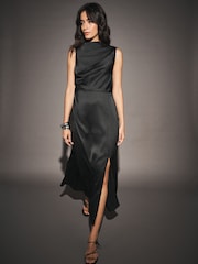 Black Textured Satin Scarf Midi Dress - Image 1 of 6