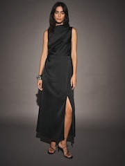 Black Textured Satin Scarf Midi Dress - Image 2 of 6