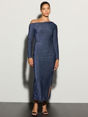 Navy Blue Long Sleeve Sparkle Bardot Midi Dress - Image 1 of 7