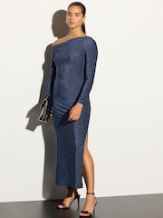 Navy Blue Long Sleeve Sparkle Bardot Midi Dress - Image 2 of 7
