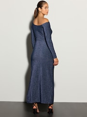 Navy Blue Long Sleeve Sparkle Bardot Midi Dress - Image 3 of 7