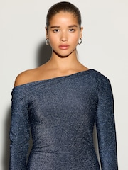 Navy Blue Long Sleeve Sparkle Bardot Midi Dress - Image 4 of 7