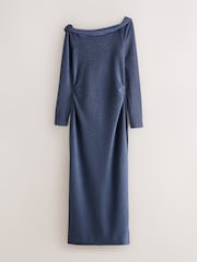 Navy Blue Long Sleeve Sparkle Bardot Midi Dress - Image 5 of 7