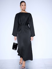 Black Twist Front Long Sleeve Satin Maxi Dress - Image 1 of 4