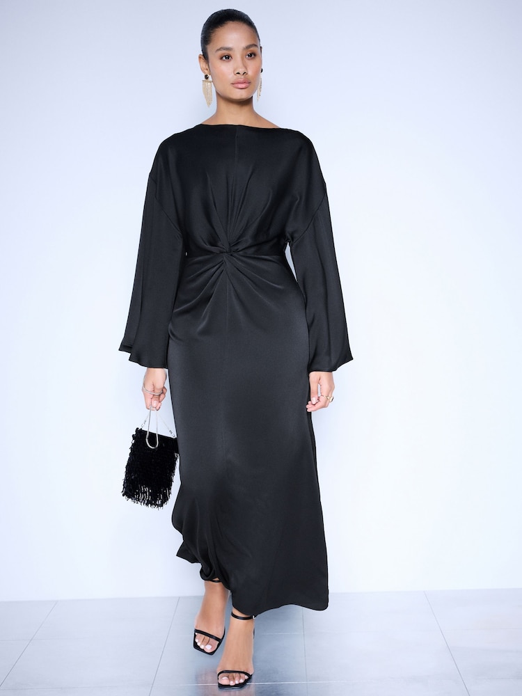 Black Twist Front Long Sleeve Satin Maxi Dress - Image 1 of 4