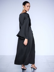 Black Twist Front Long Sleeve Satin Maxi Dress - Image 3 of 4